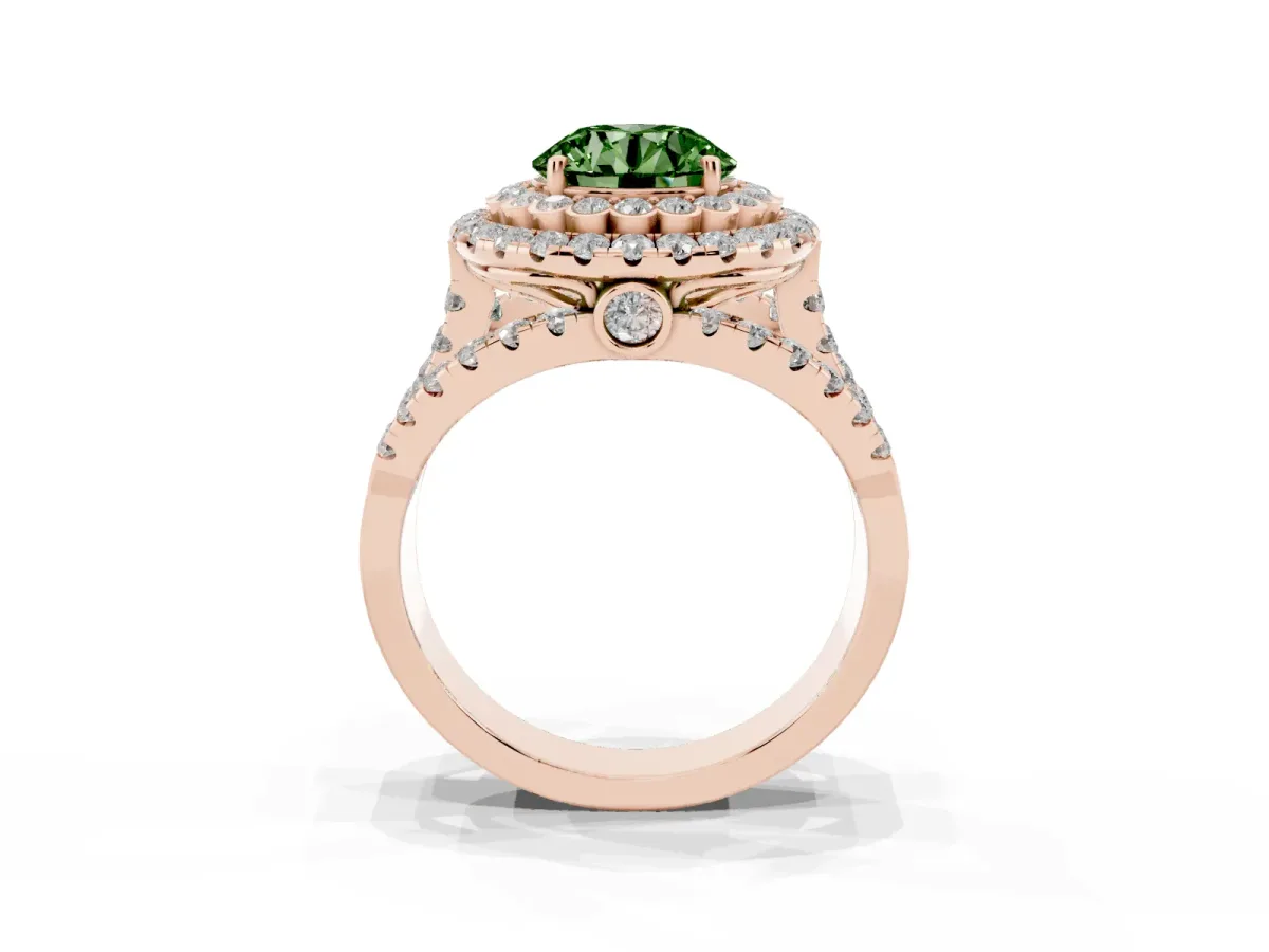 Fancy Green Round Cut Diamond Double Halo Ring with Round Pavé Split Shank and Prong Setting Rose gold