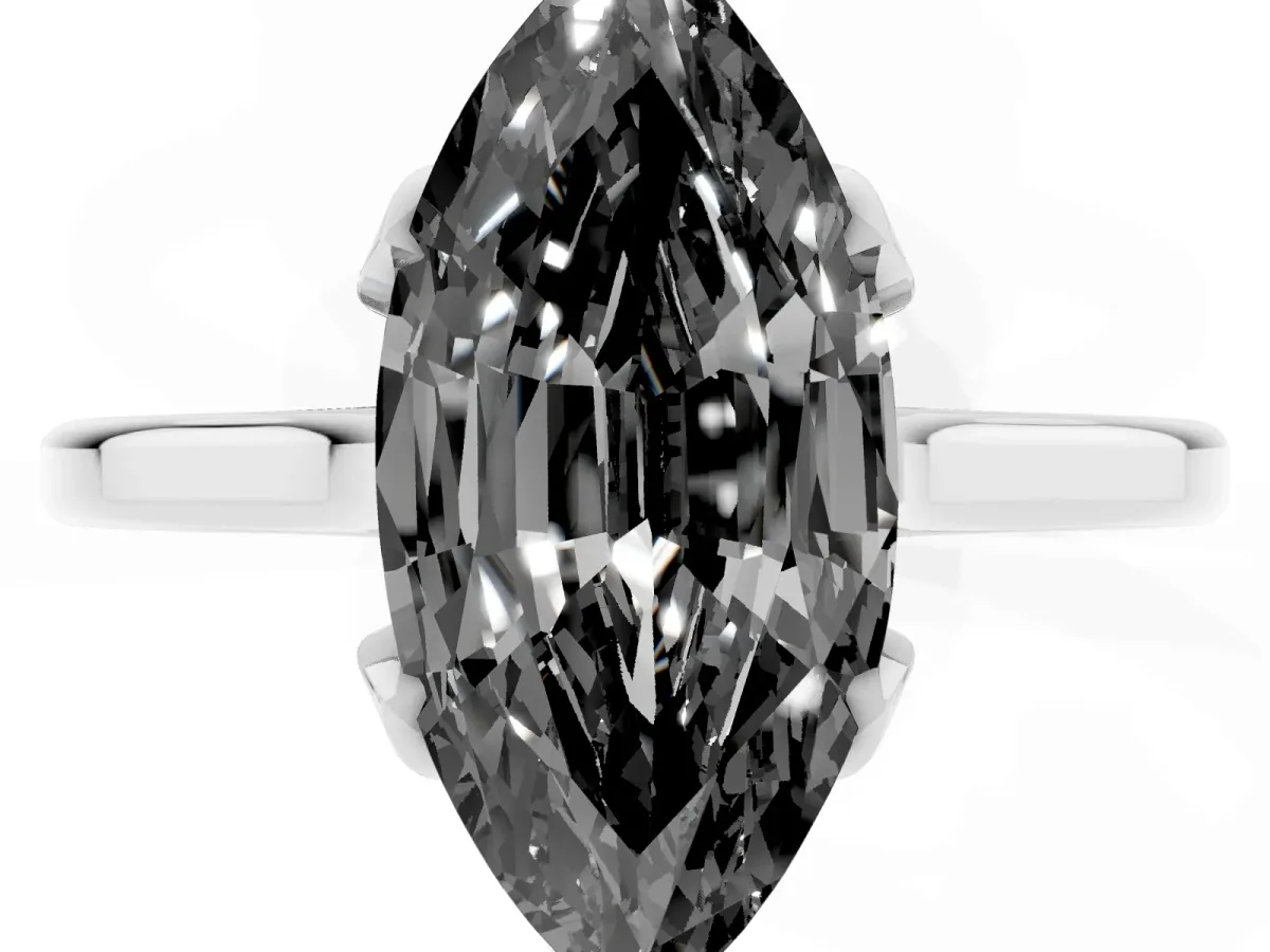 Fancy Black Marquise Cut Diamond Solitaire Ring with Flower Prong Setting and Classic Band Silver