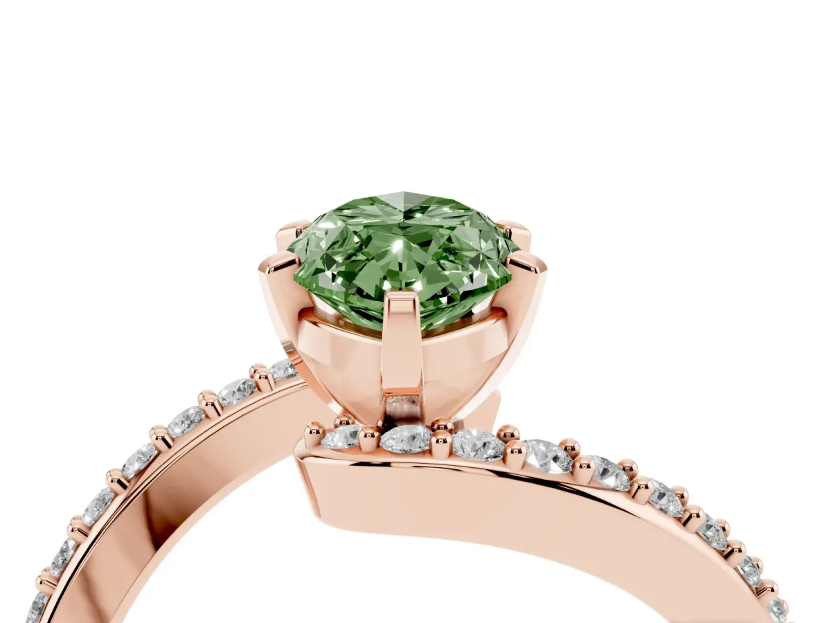 Fancy Green Marquise Cut Solitaire Twist Band with Pave Set Diamonds and Four-Prong Setting Rose gold