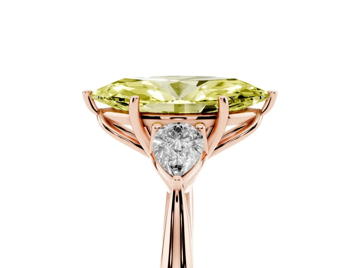 Fancy Yellow Marquise Cut Diamond Three-Stone Ring with Pear Side Stones and Prong Setting Rose gold