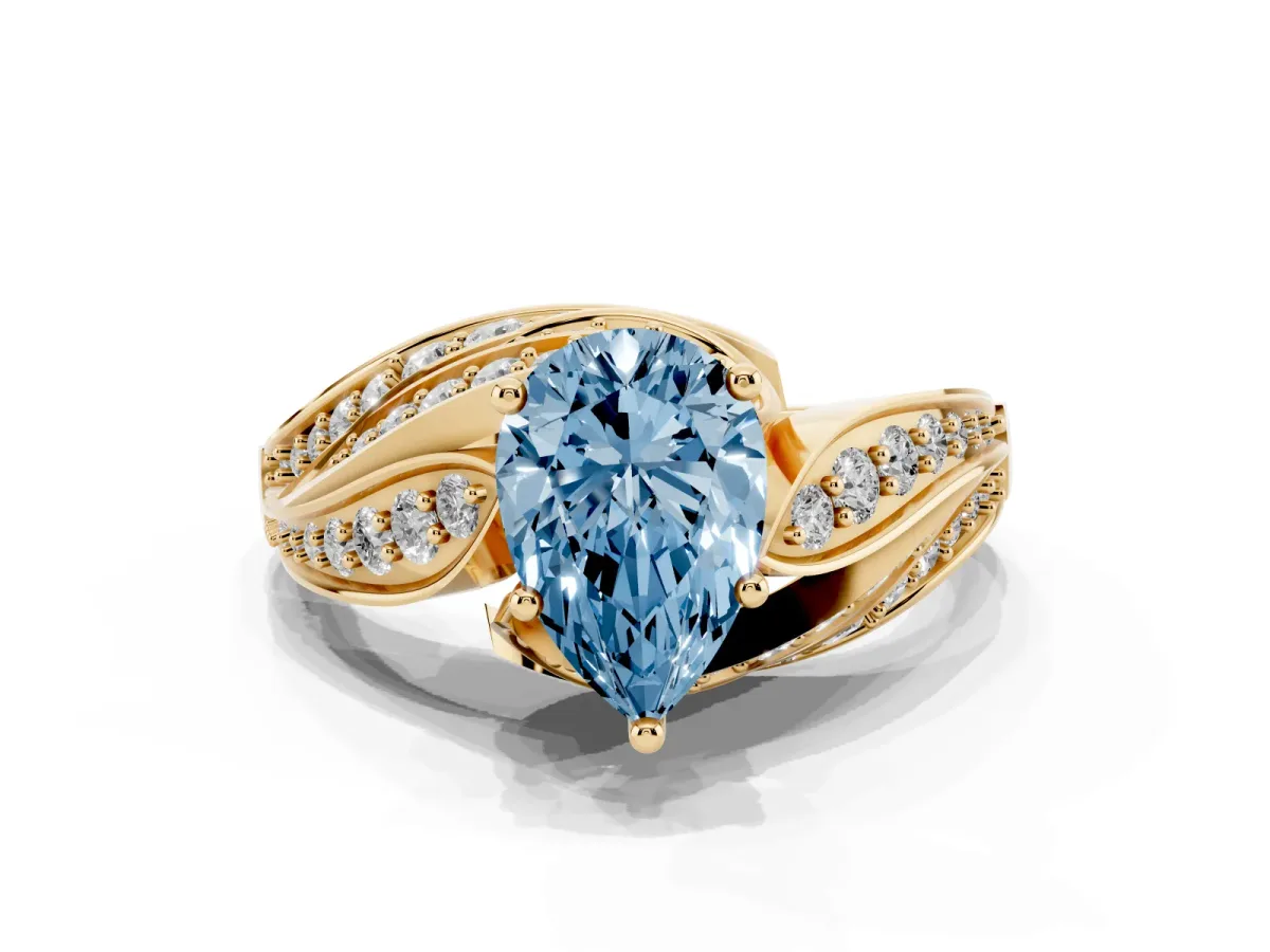 Fancy Blue Pear Cut Diamond Solitaire Ring with Prong Setting and Twisted Pavé Band Yellow gold