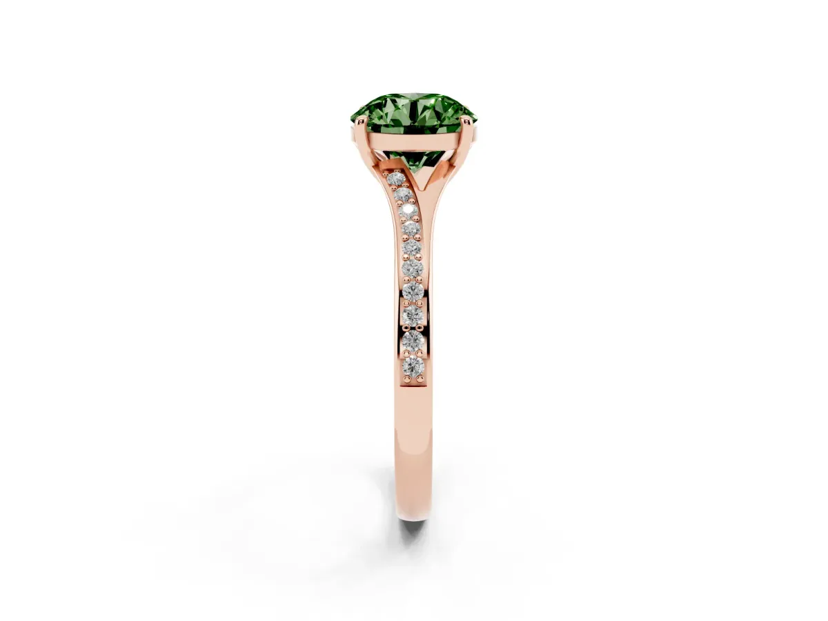 Fancy Green Round Cut Diamond Solitaire Ring with Pavé Band and Prong Setting Rose gold