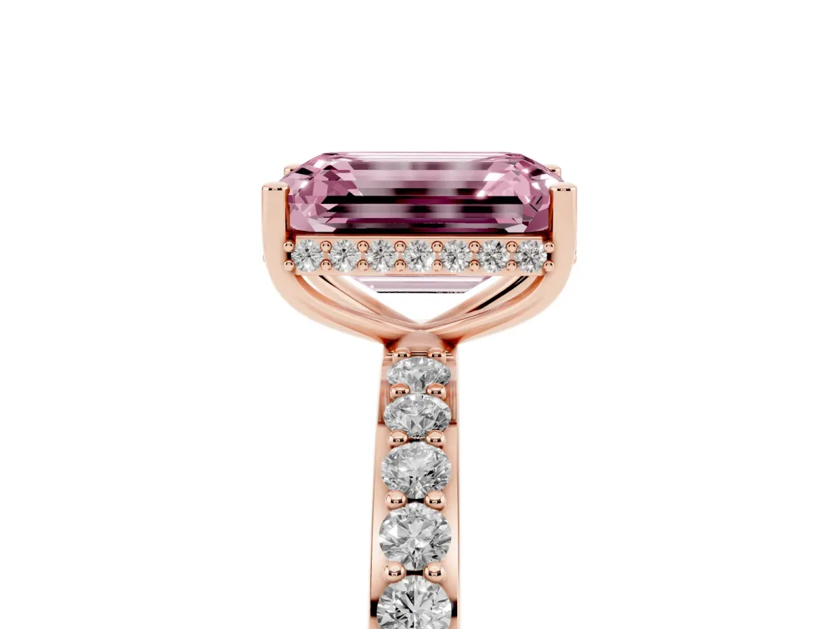 Fancy Pink Emerald Cut Diamond Solitaire Ring with Pavé Band and Hidden Halo Rose gold