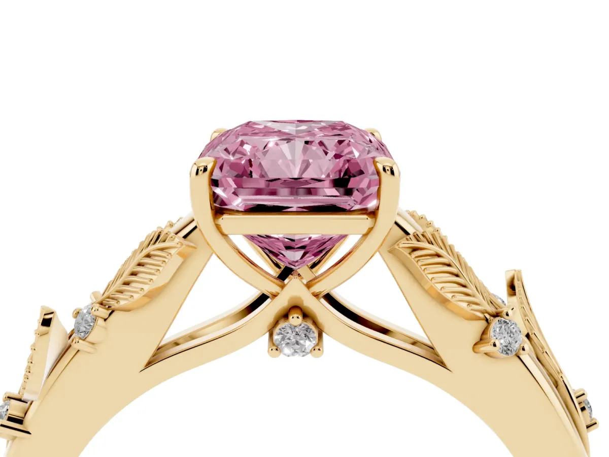 Fancy Pink Radiant Cut Diamond Solitaire Ring with Leaf Motif Band and Four-Prong Setting Yellow gold