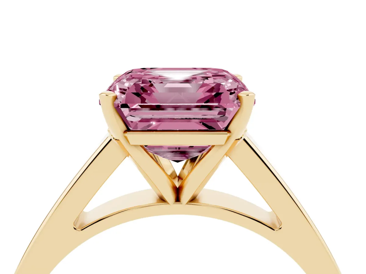 Fancy Pink Asscher Cut Solitaire Engagement Ring with Four-Prong Setting and Tapered Band Yellow gold