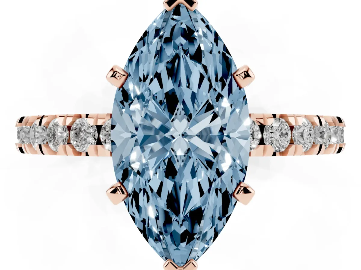 Fancy Blue Marquise Cut Diamond Pavé Band Solitaire with Four-Prong Setting Rose gold
