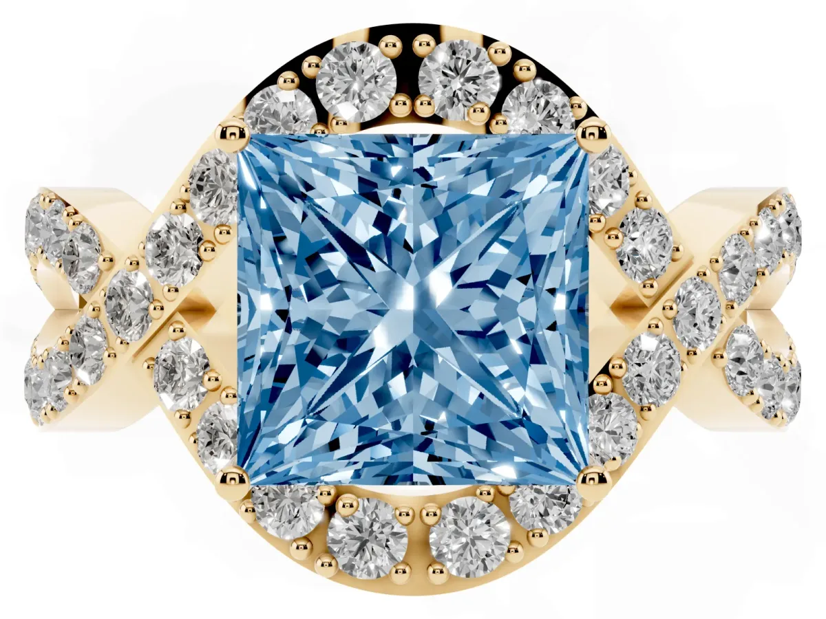 Fancy Blue Princess Cut Solitaire Twist Band Pavé Diamond Engagement Ring Yellow gold