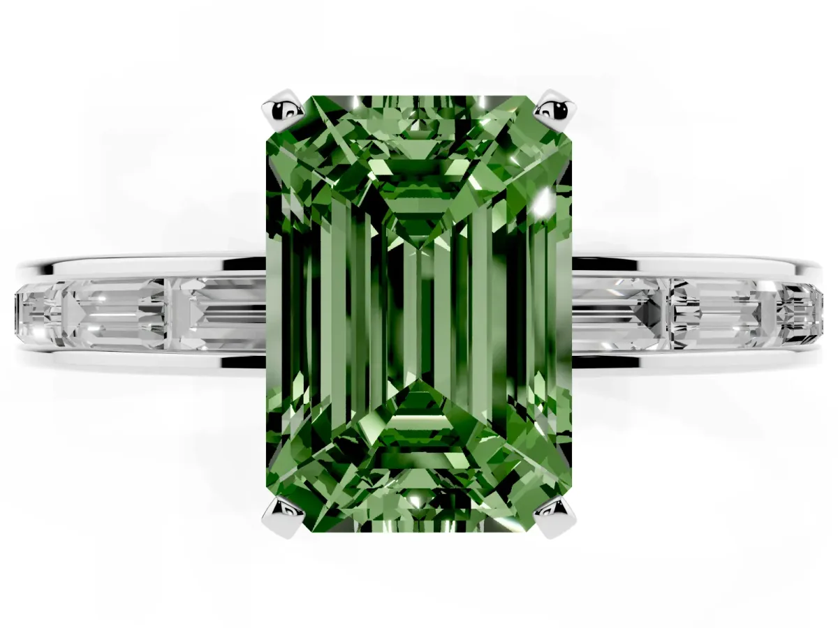 Fancy Green Emerald Cut Solitaire Diamond Ring with Channel-Set Baguette Band and Four-Prong Setting White gold