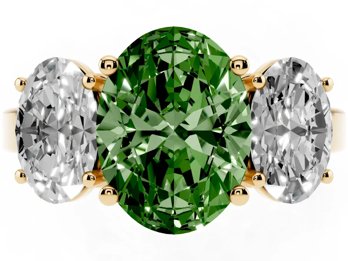 Fancy Green Three-Stone Oval Cut Cut Diamond Engagement Ring with Flat Band and Four-Prong Setting Yellow gold