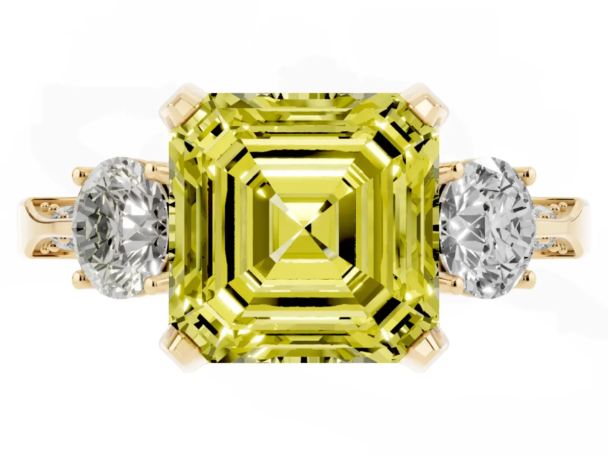 Fancy Yellow Asscher Cut Brilliant Three-Stone Diamond Ring with Pavé Band and Four-Prong Setting Yellow gold