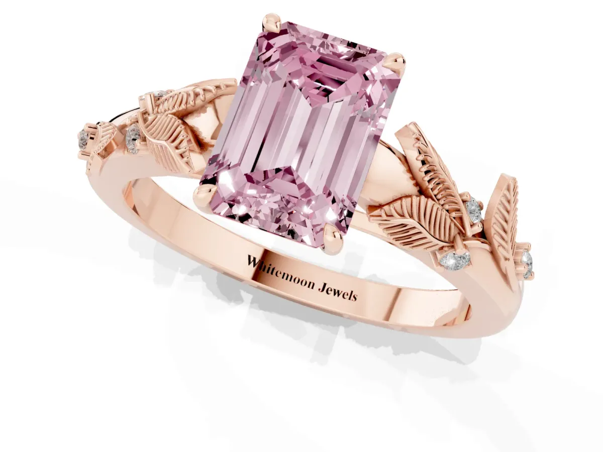 Fancy Pink Emerald Cut Diamond Solitaire Ring with Leaf Motif Band and Four-Prong Setting Rose gold