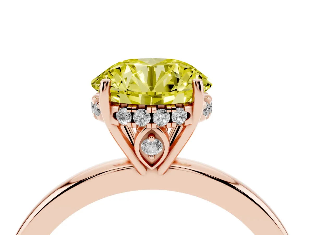 Fancy Yellow Round Cut Solitaire Diamond Ring with Prong Setting and Plain Band Rose gold
