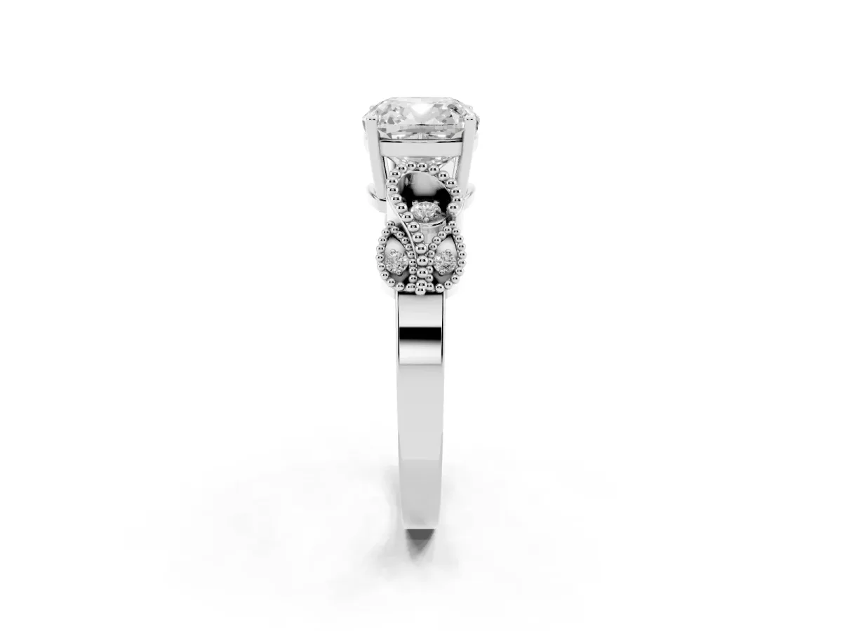 Cushion Cut Solitaire Milgrain Leaf Band with Prong Setting White gold