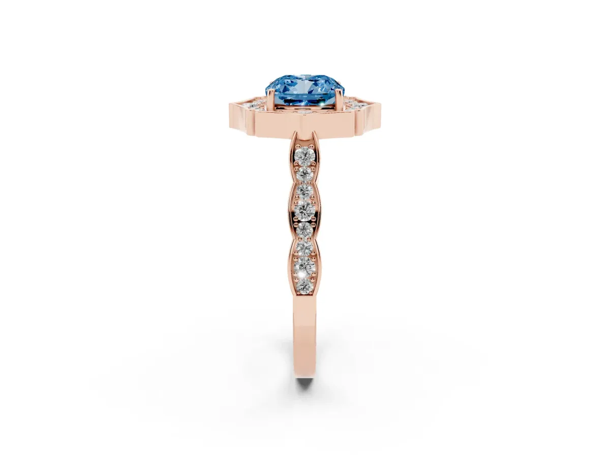 Fancy Blue Cushion Cut Halo Diamond Engagement Ring with Milgrain Band and Four-Prong Setting Rose gold