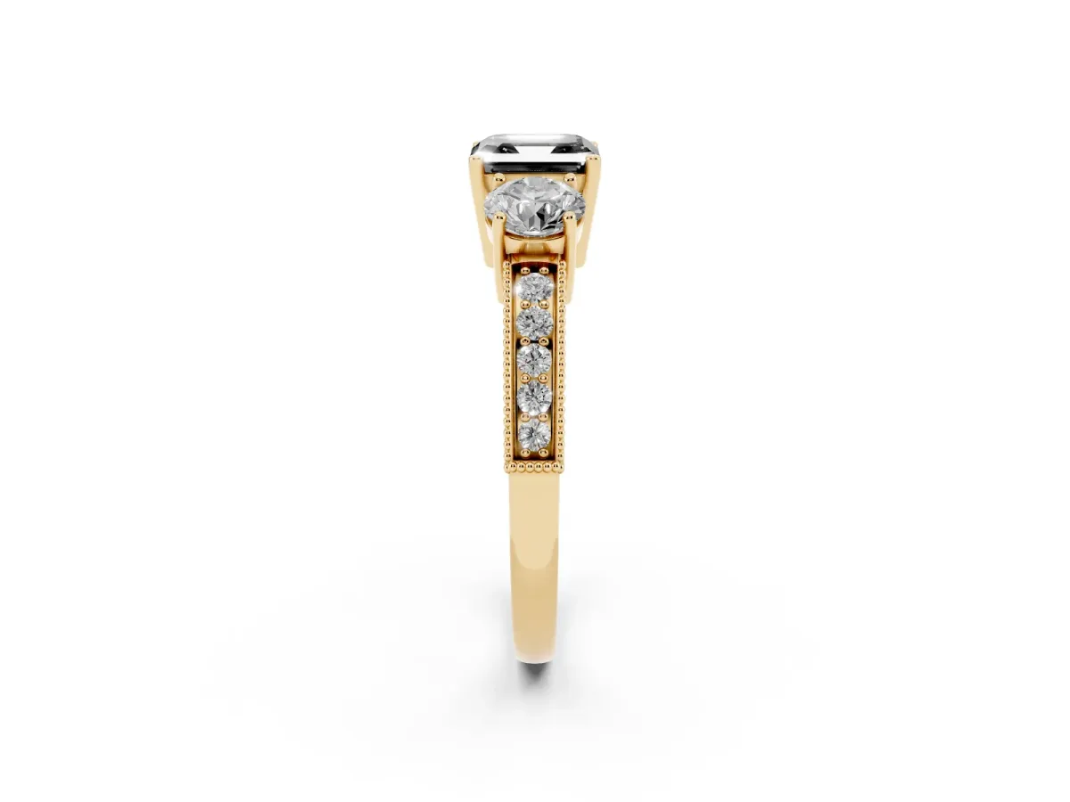 Fancy Black Asscher Cut Three-Stone Diamond Ring with Pavé Band and Four-Prong Setting Yellow gold