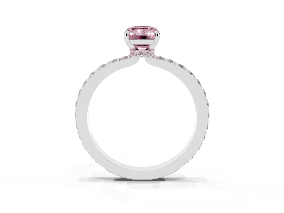 Fancy Pink Emerald Cut Diamond Solitaire Engagement Ring with Pavé Band and Four-Prong Setting Silver