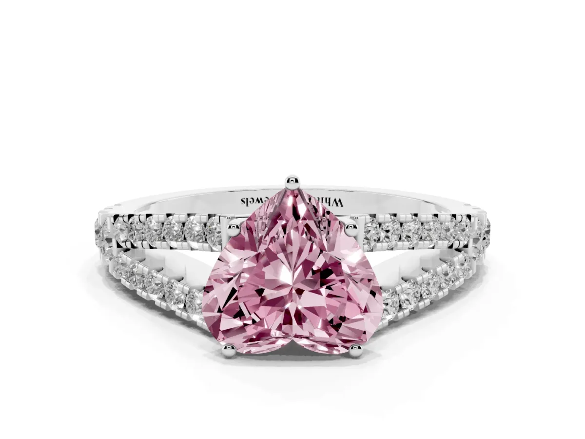 Fancy Pink Heart Cut Diamond Split Shank Engagement Ring with Round Pavé and Prong Setting Silver