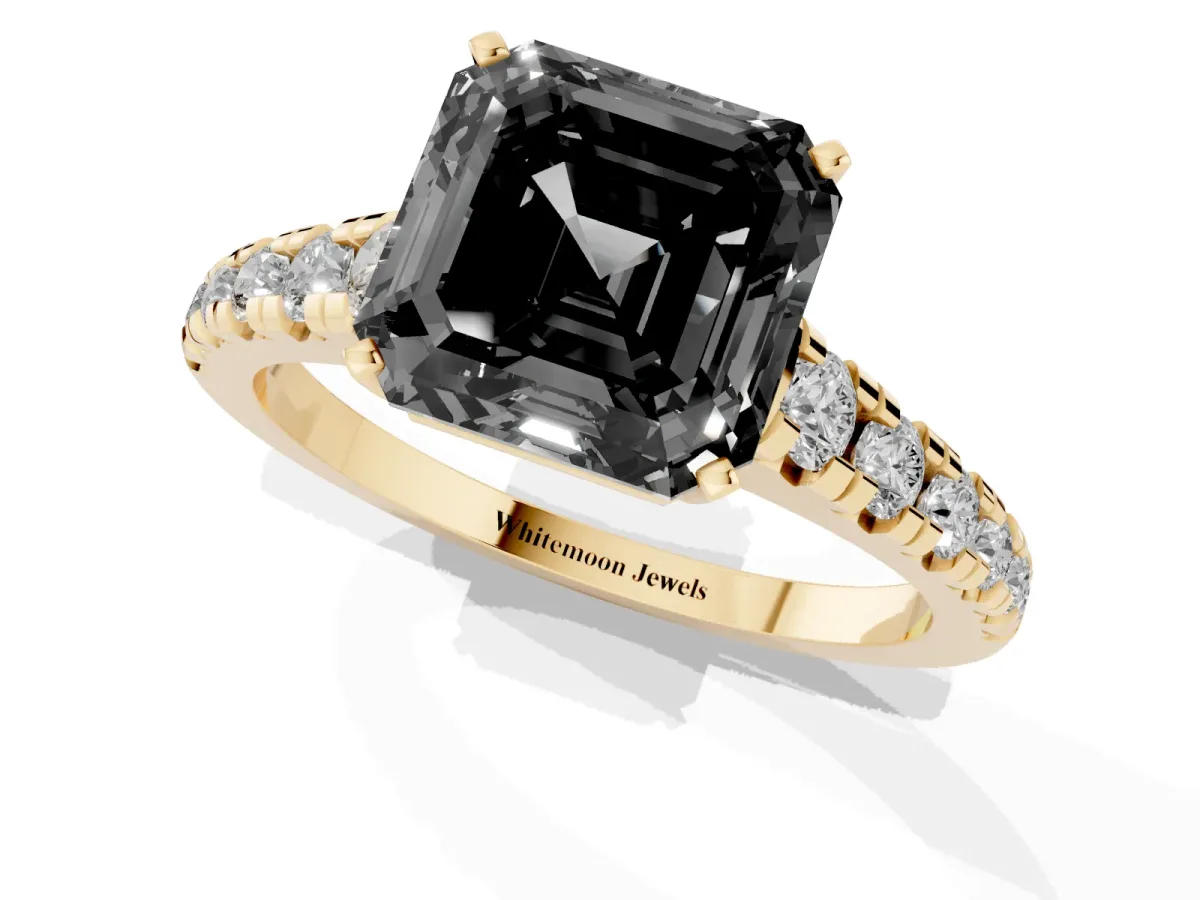 Fancy Black Asscher Cut Diamond Cathedral Solitaire Ring with Round Pavé Band Yellow gold