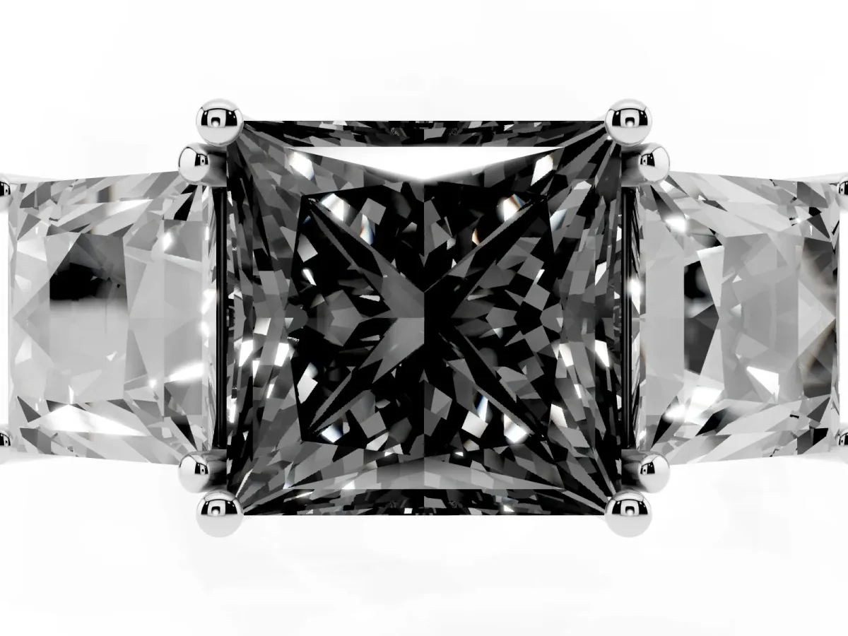 Fancy Black Three-Stone Princess Cut Diamond Pavé Band with Prong Setting Silver