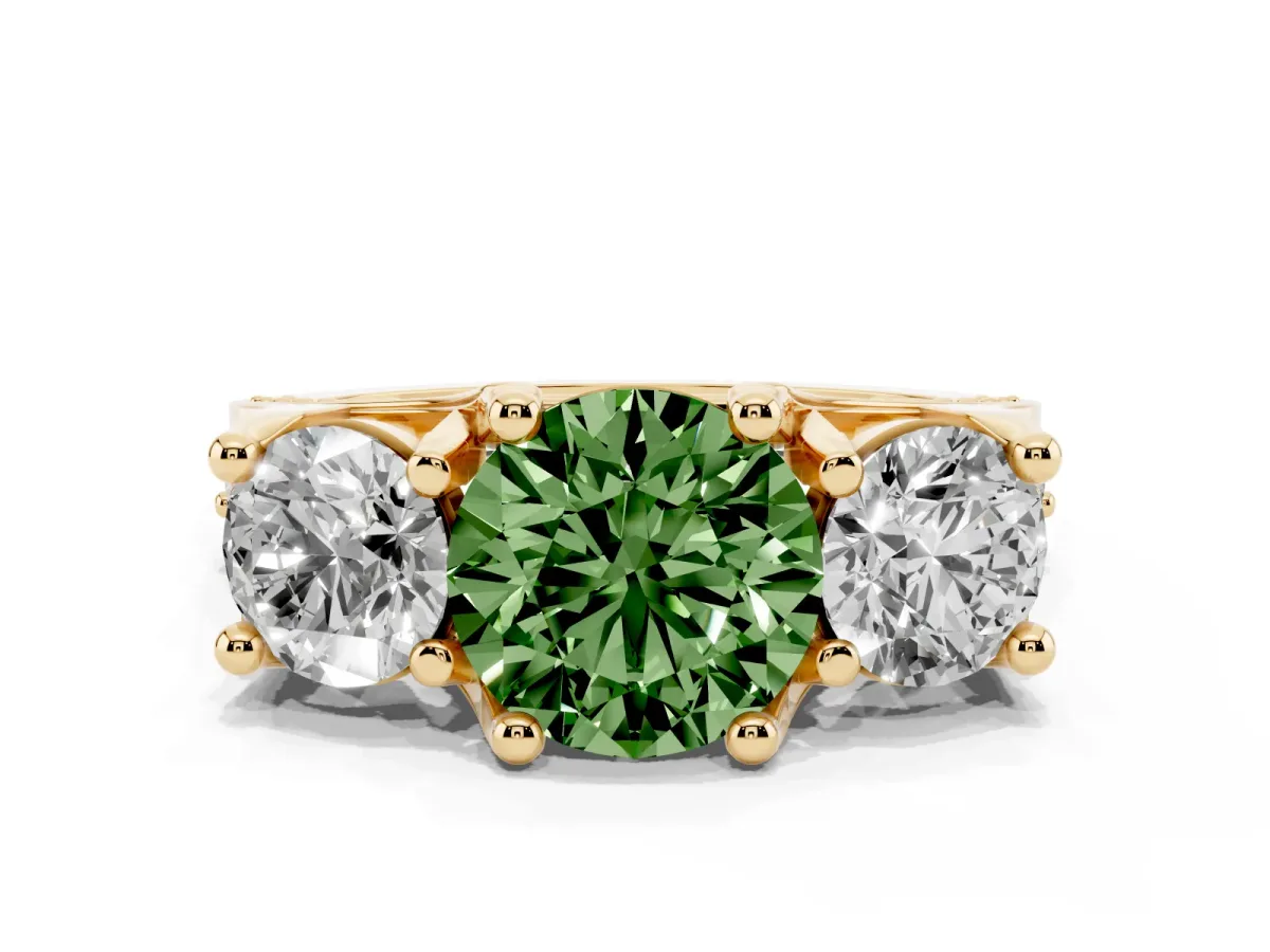 Fancy Green Round Cut Diamond Three-Stone Ring with Channel Set Band and Four-Prong Setting Yellow gold