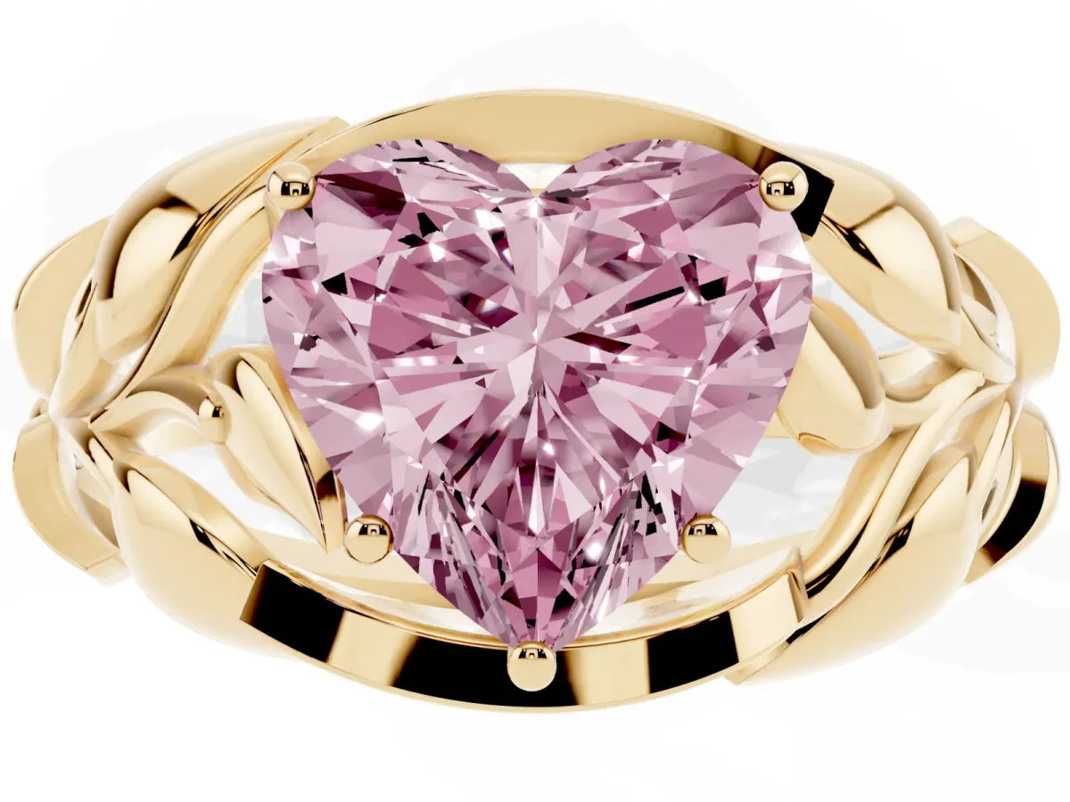 Fancy Pink Heart Cut Diamond Leaf-Inspired Engagement Ring with Round Accents and Prong Setting Yellow gold