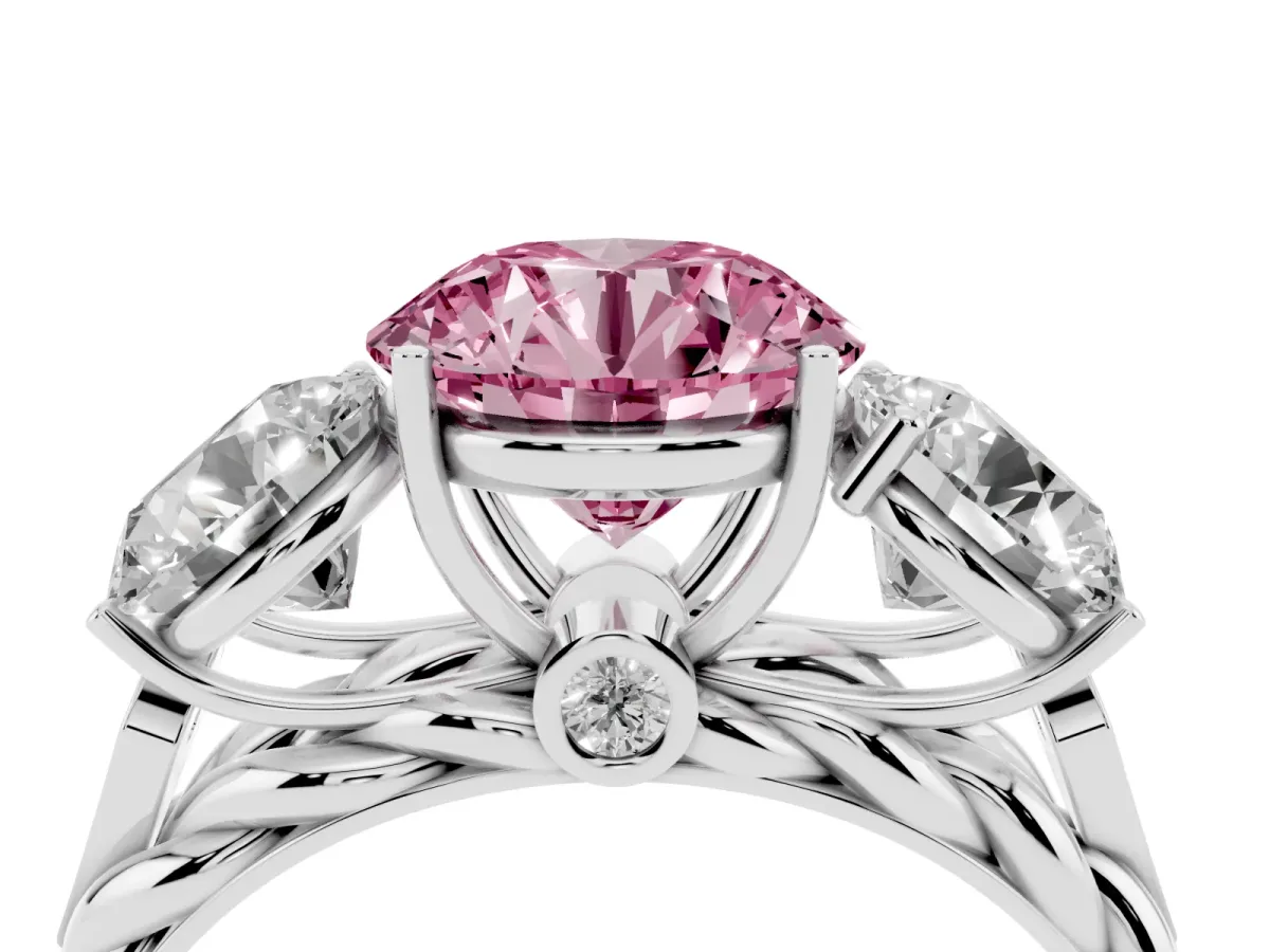 Fancy Pink Three-Stone Round Cut Diamond Braided Band Ring with Four-Prong Setting Platinum
