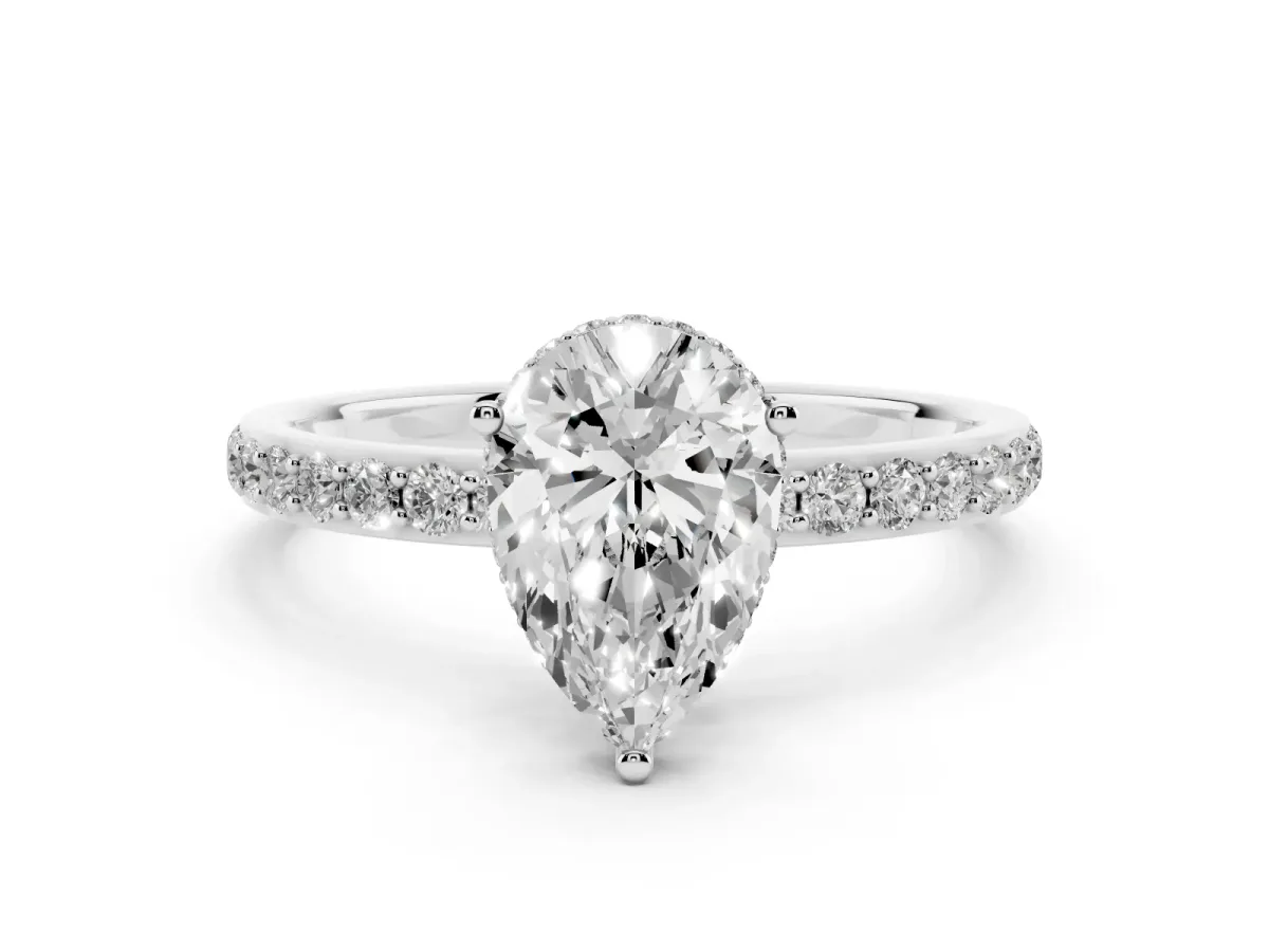 Pear Cut Diamond Solitaire Ring with Pavé Band and Hidden Halo Silver