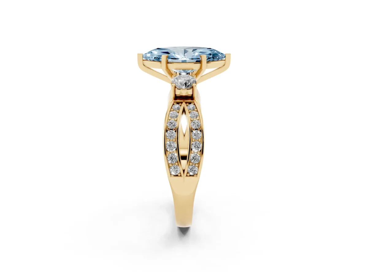 Fancy Blue Three-Stone Marquise Cut Cut Diamond Twist Band with Prong Setting Yellow gold