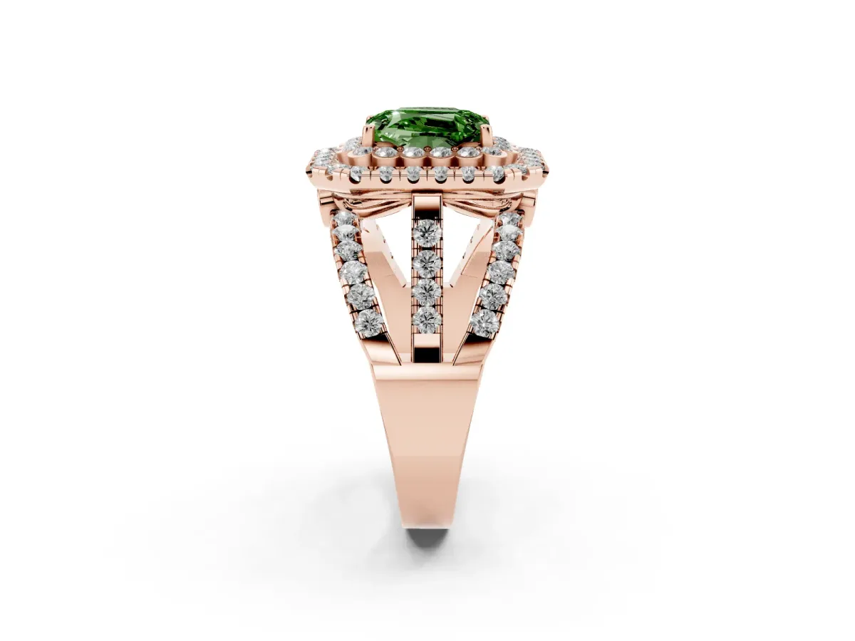 Fancy Green Emerald Cut Diamond Double Halo Ring with Round Pavé Split Shank and Prong Setting Rose gold