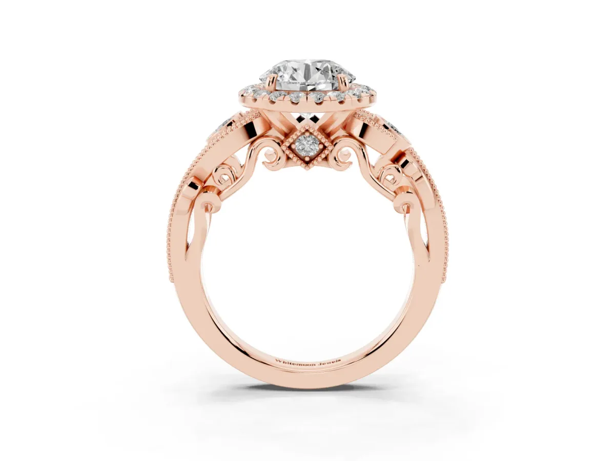 Round Cut Halo Diamond Ring with Milgrain and Bezel Accents on a Split Shank Band Rose gold