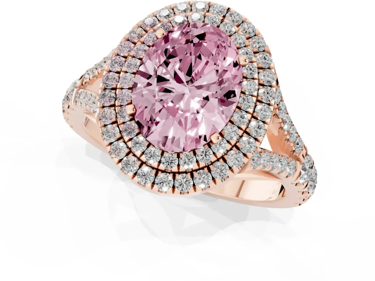 Fancy Pink Oval Cut Cut Double Halo Split Shank Diamond Ring with Prong Setting Rose gold