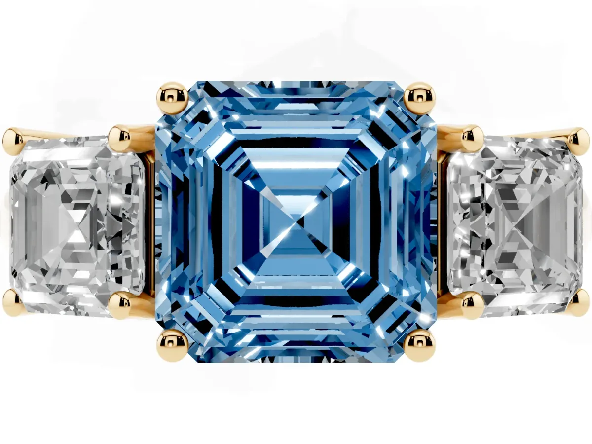 Fancy Blue Three-Stone Asscher Cut Diamond Engagement Ring with Prong Setting Yellow gold