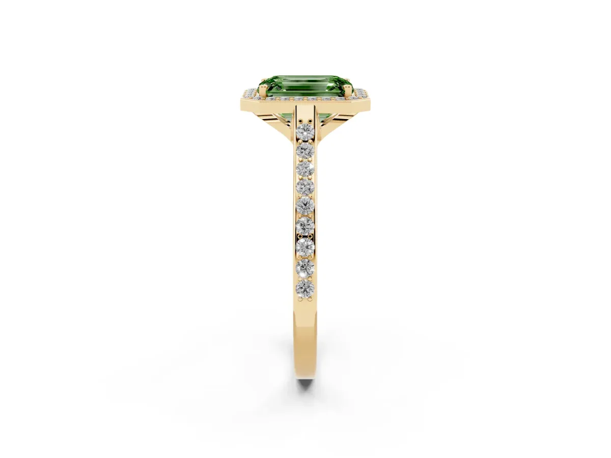 Fancy Green Emerald Cut Diamond Halo Engagement Ring with Round Pavé Shoulders and Prong Setting Yellow gold