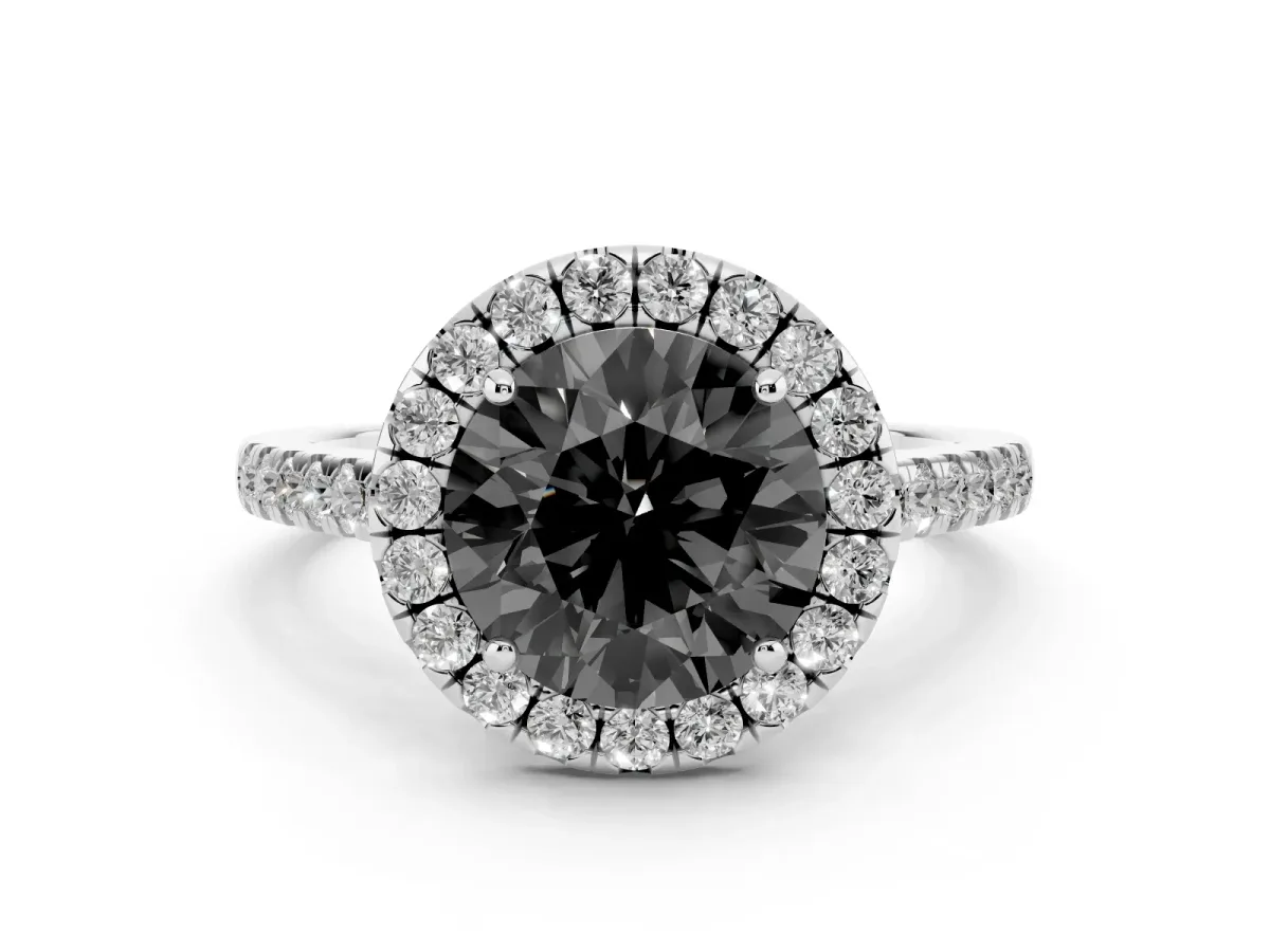 Fancy Black Round Cut Halo Pave Diamond Engagement Ring with Four-Prong Setting Silver