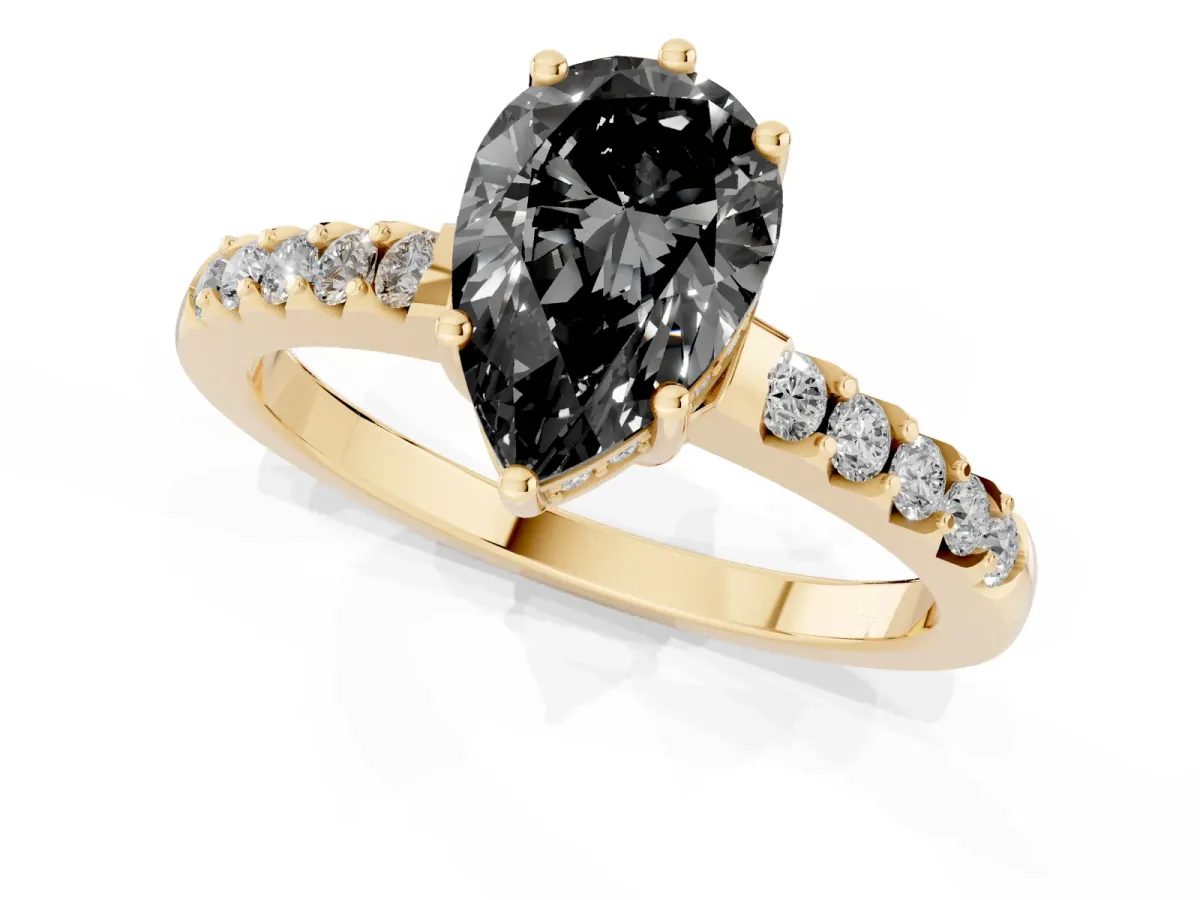 Fancy Black Pear Cut Solitaire Diamond Engagement Ring with Pavé Band and Six-Prong Setting Yellow gold
