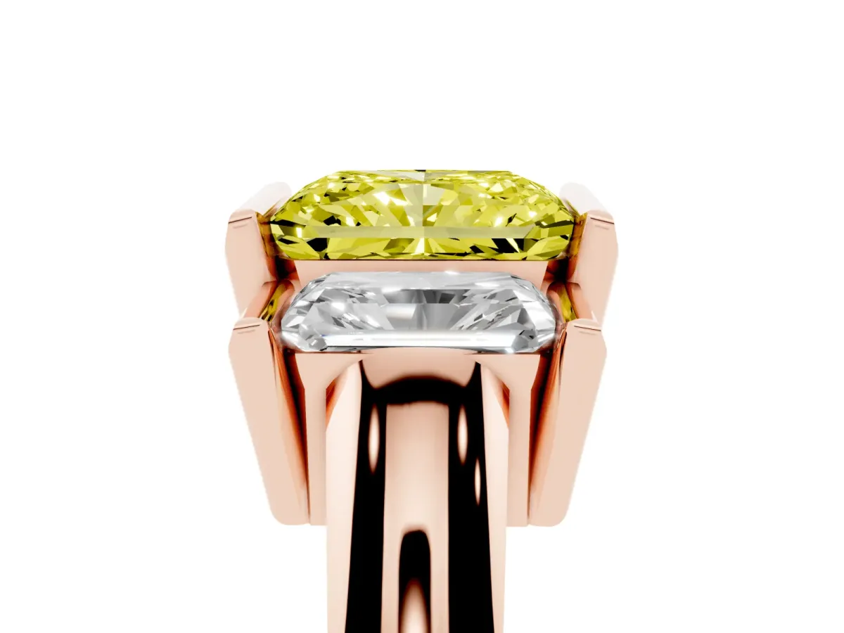 Fancy Yellow Three Stone Radiant Cut Cut Channel Set Diamond Ring Rose gold