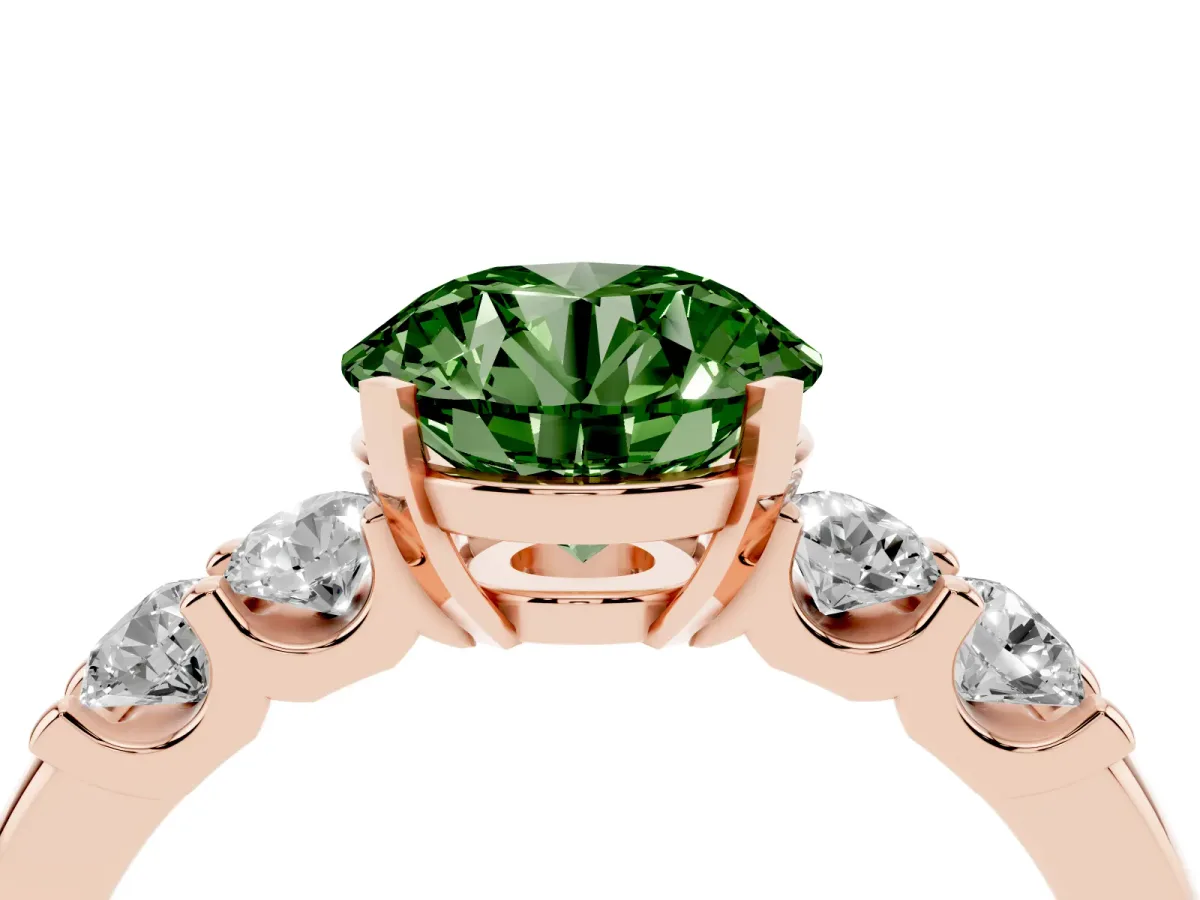 Fancy Green Round Cut Brilliant Cut Diamond Five-Stone Prong Set Engagement Ring with Channel Band Rose gold