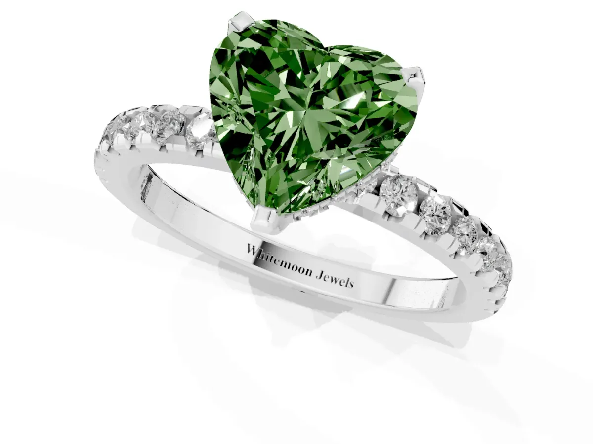 Fancy Green Heart Cut Diamond Solitaire Ring with Round Pavé Band and Four-Prong Setting Platinum