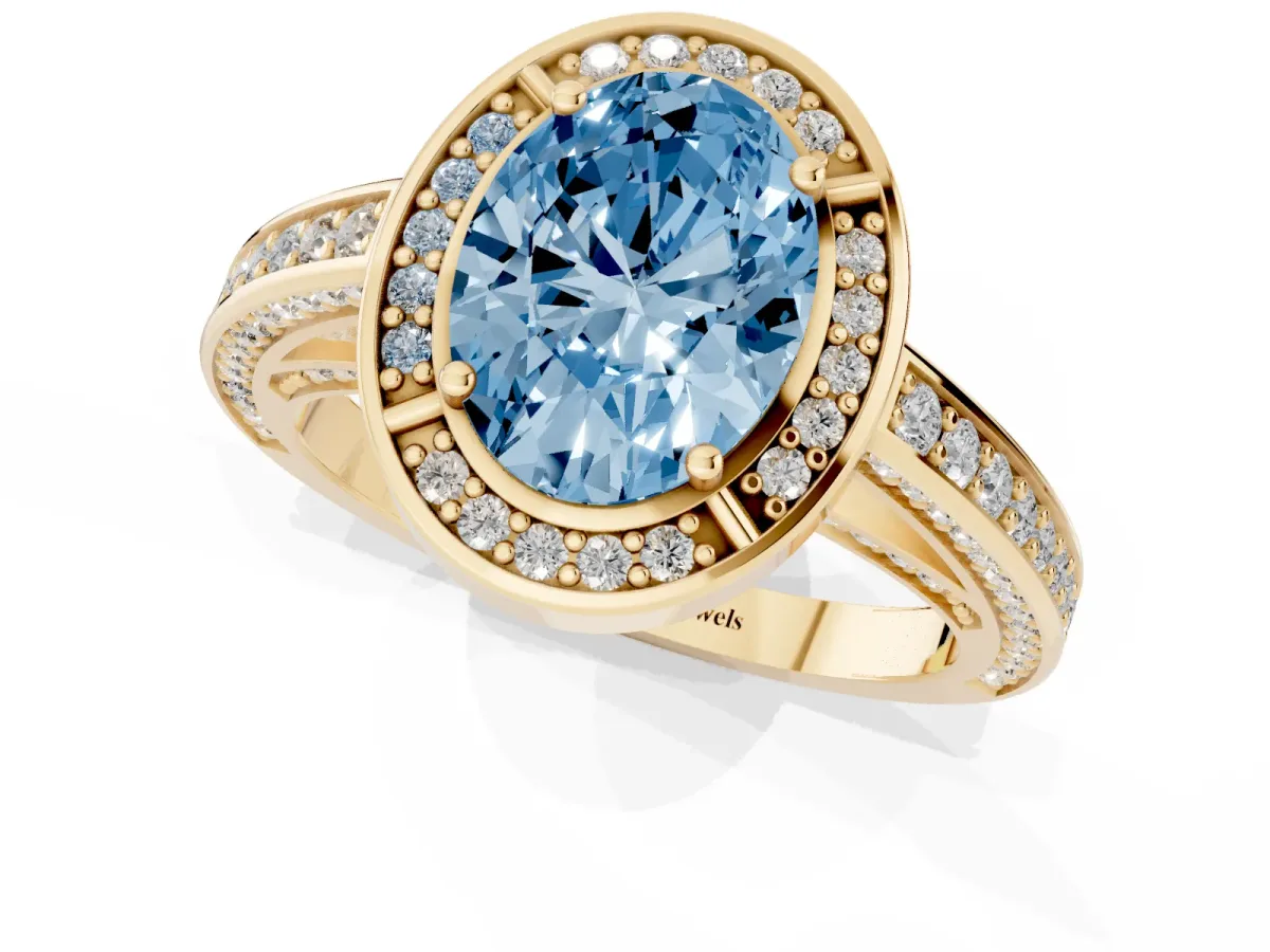 Fancy Blue Oval Cut Cut Halo Pave Split Shank Prong Setting Ring Yellow gold