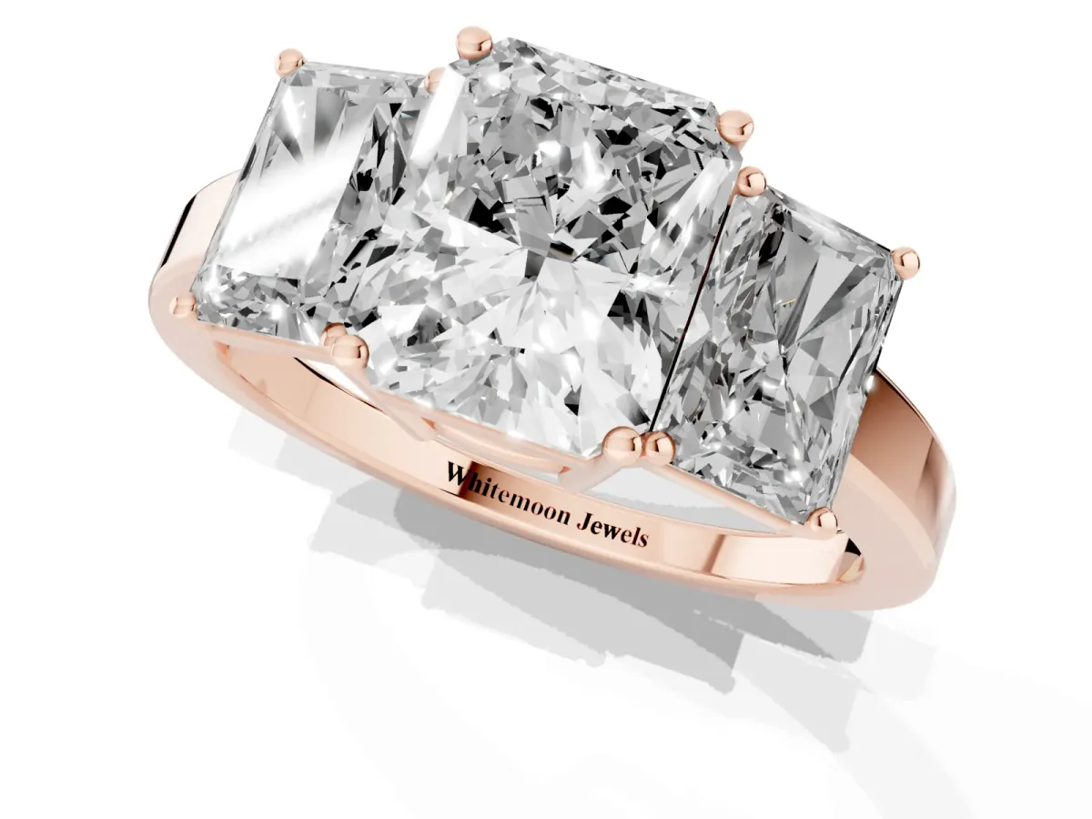 Three-Stone Radiant Cut Cut Diamond Engagement Ring with Flat Band and Four-Prong Setting Rose gold