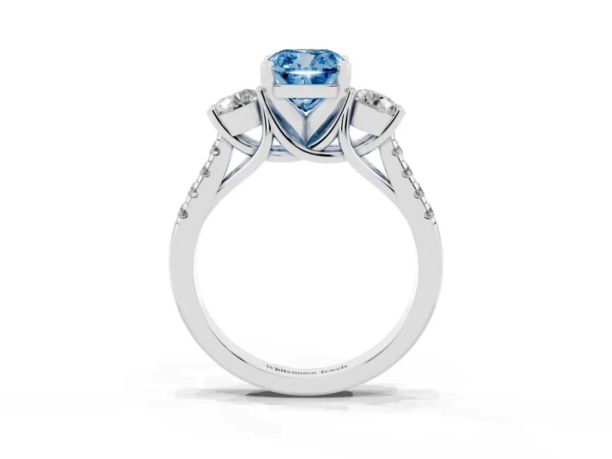 Fancy Blue Three-Stone Cushion Cut Diamond Pavé Band with Four-Prong Setting Silver