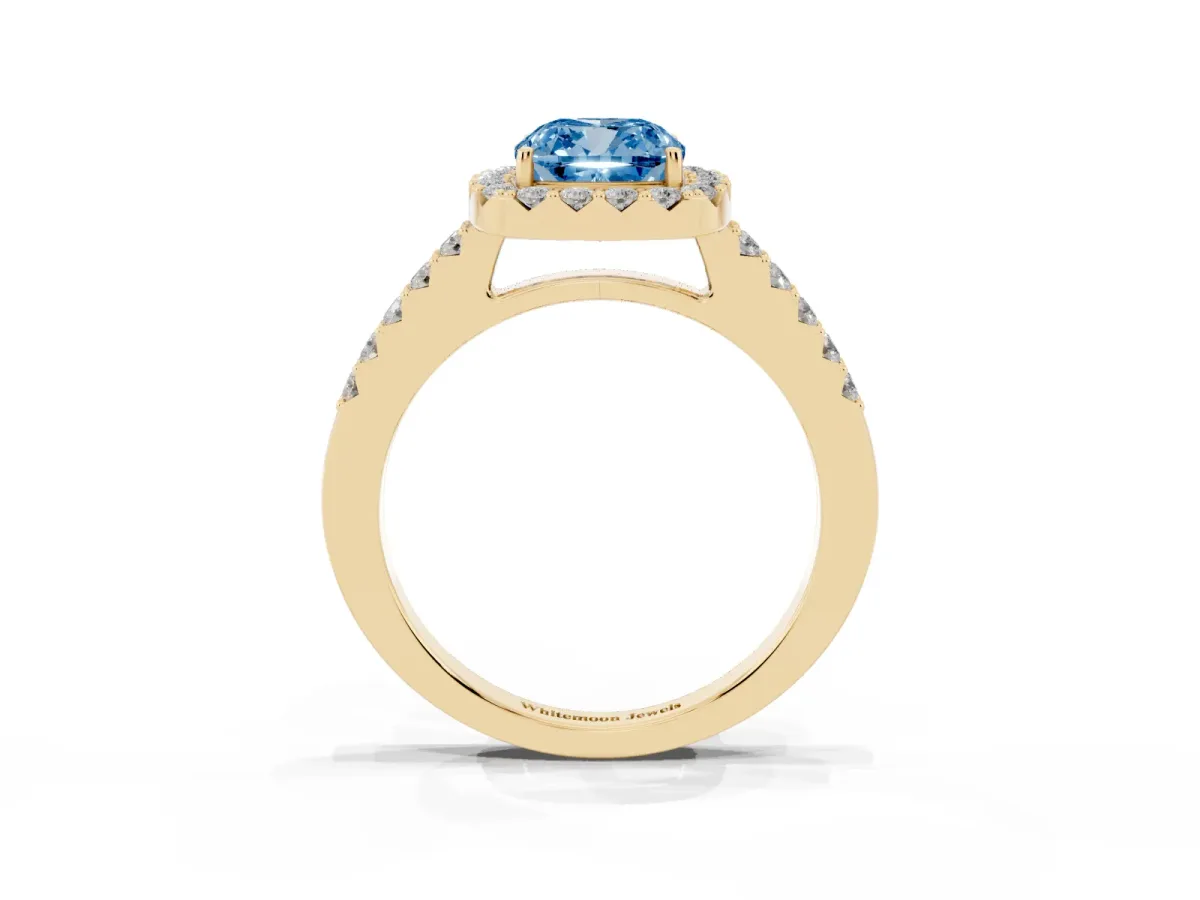Fancy Blue Cushion Cut Halo Diamond Pavé Solitaire Ring Yellow gold
