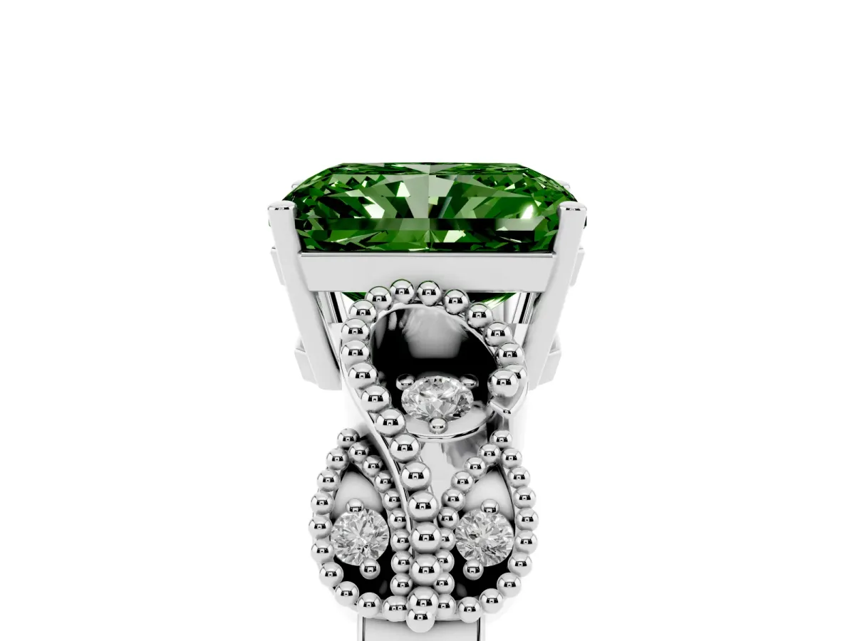 Fancy Green Radiant Cut Solitaire Milgrain Leaf Band with Prong Setting Silver