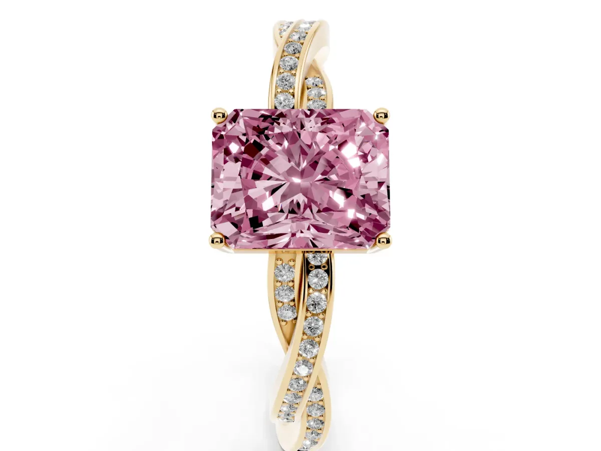 Fancy Pink Radiant Cut Solitaire Twisted Pave Diamond Ring with Four-Prong Setting Yellow gold
