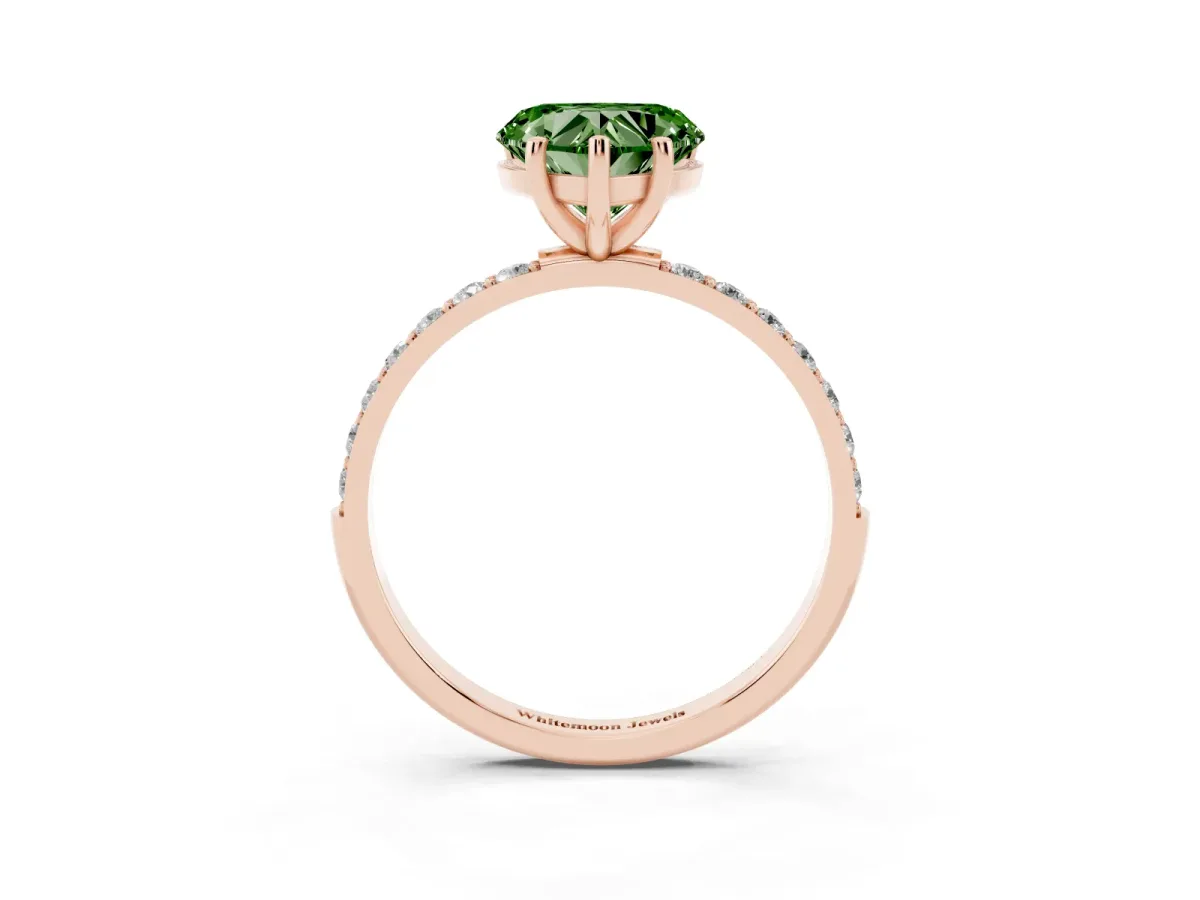 Fancy Green Heart Cut Diamond Solitaire Ring with Round Pavé Shoulders and Prong Setting Rose gold