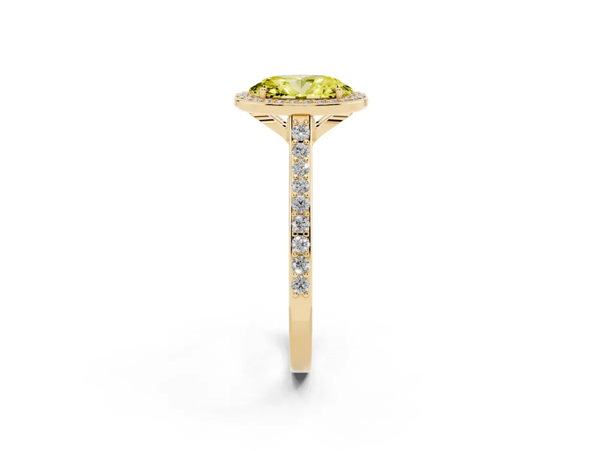 Fancy Yellow Oval Cut Diamond Halo Engagement Ring with Round Pavé Shoulders and Prong Setting Yellow gold