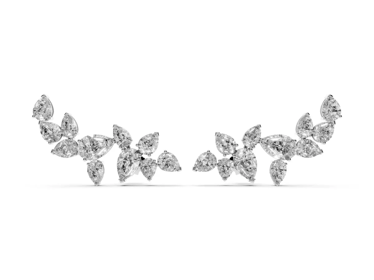 Pear Diamond Curved Cluster Climber Earrings Platinum