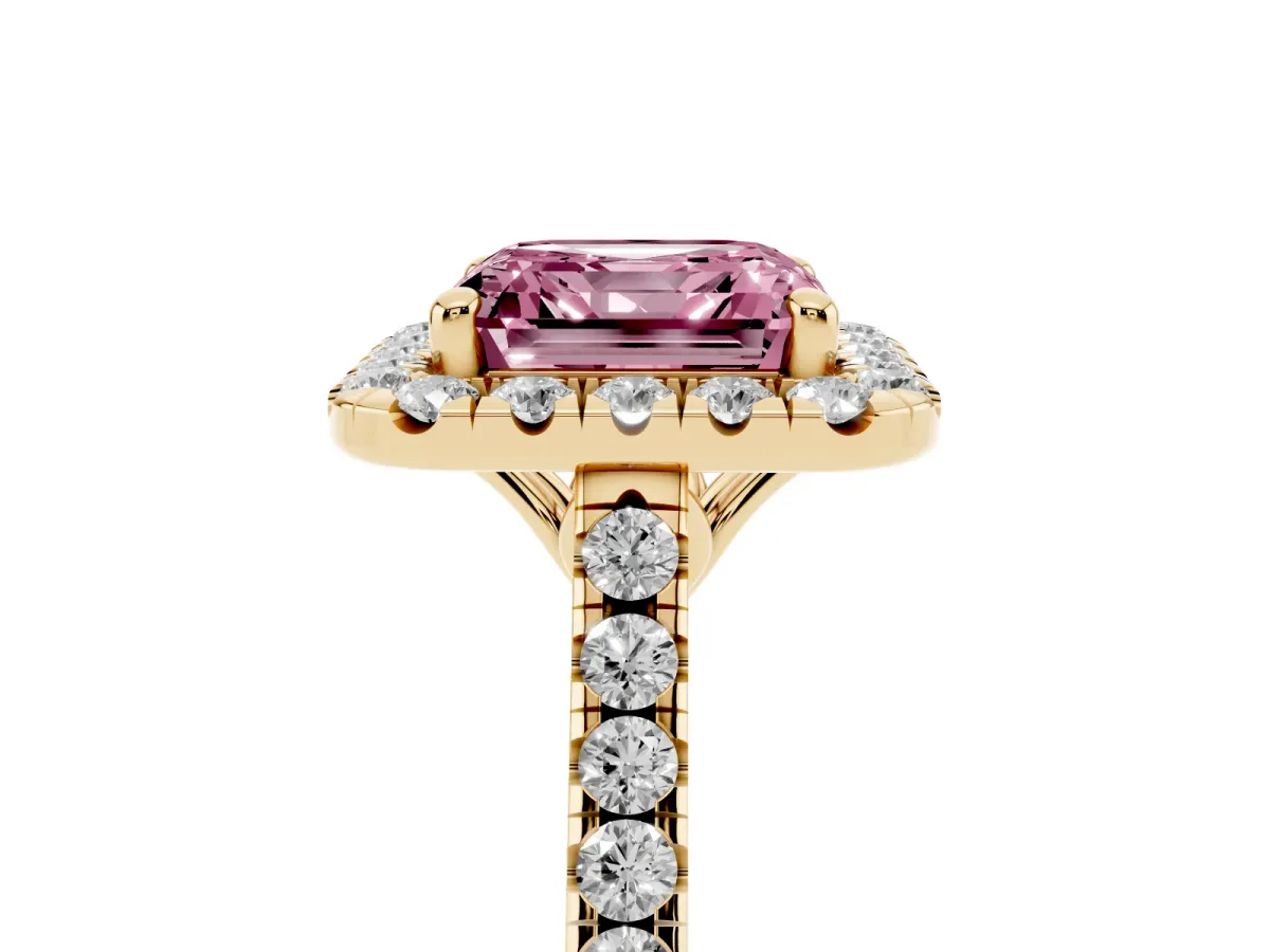 Fancy Pink Asscher Cut Halo Pavé Diamond Engagement Ring with Four-Prong Setting Yellow gold