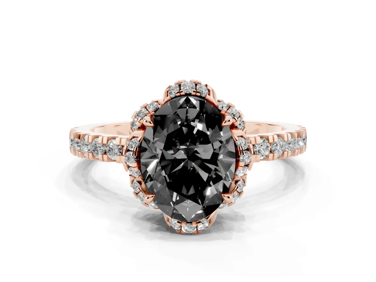 Fancy Black Oval Cut Diamond Halo Pave Band with Four-Prong Setting Rose gold