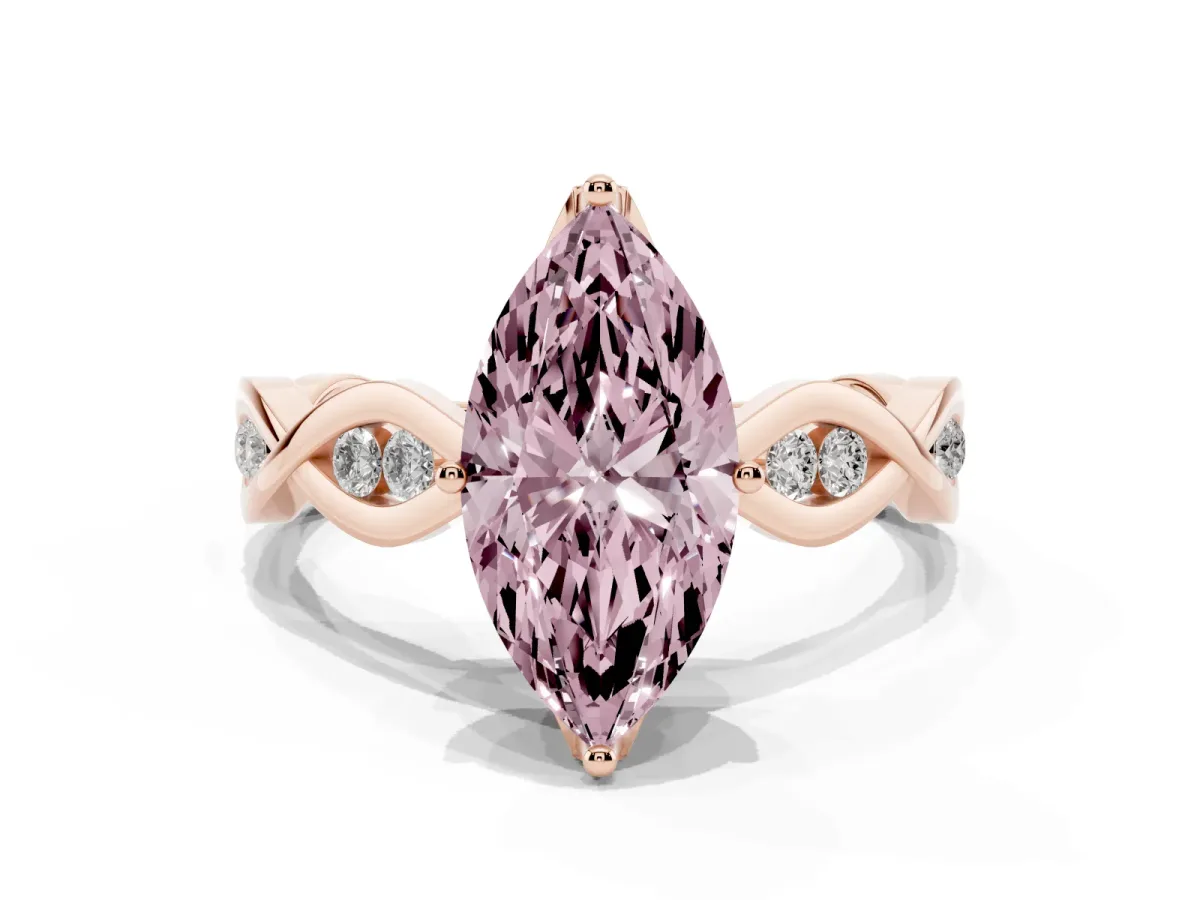 Fancy Pink Marquise Cut Solitaire Twist Band with Leaf Prong Setting Rose gold